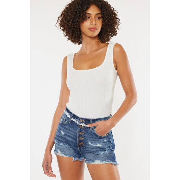 KANCAN Blue Distressed Button Fly Denim Cutoff Shorts Frayed Waistband NEW - Picture 1 of 10